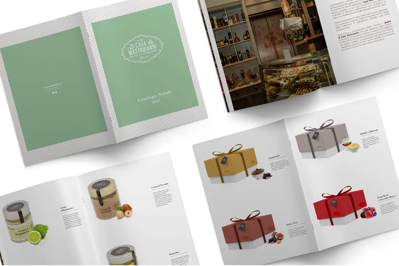 Catalogo Natale 2021 di Casa Mastroianni: copertina verde e pagine con creme e confezioni con nastro