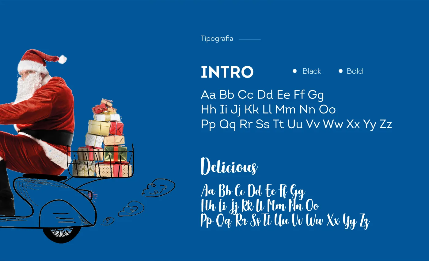 Babbo Natale in scooter con una pila di regali, accanto ai caratteri Intro e Delicious