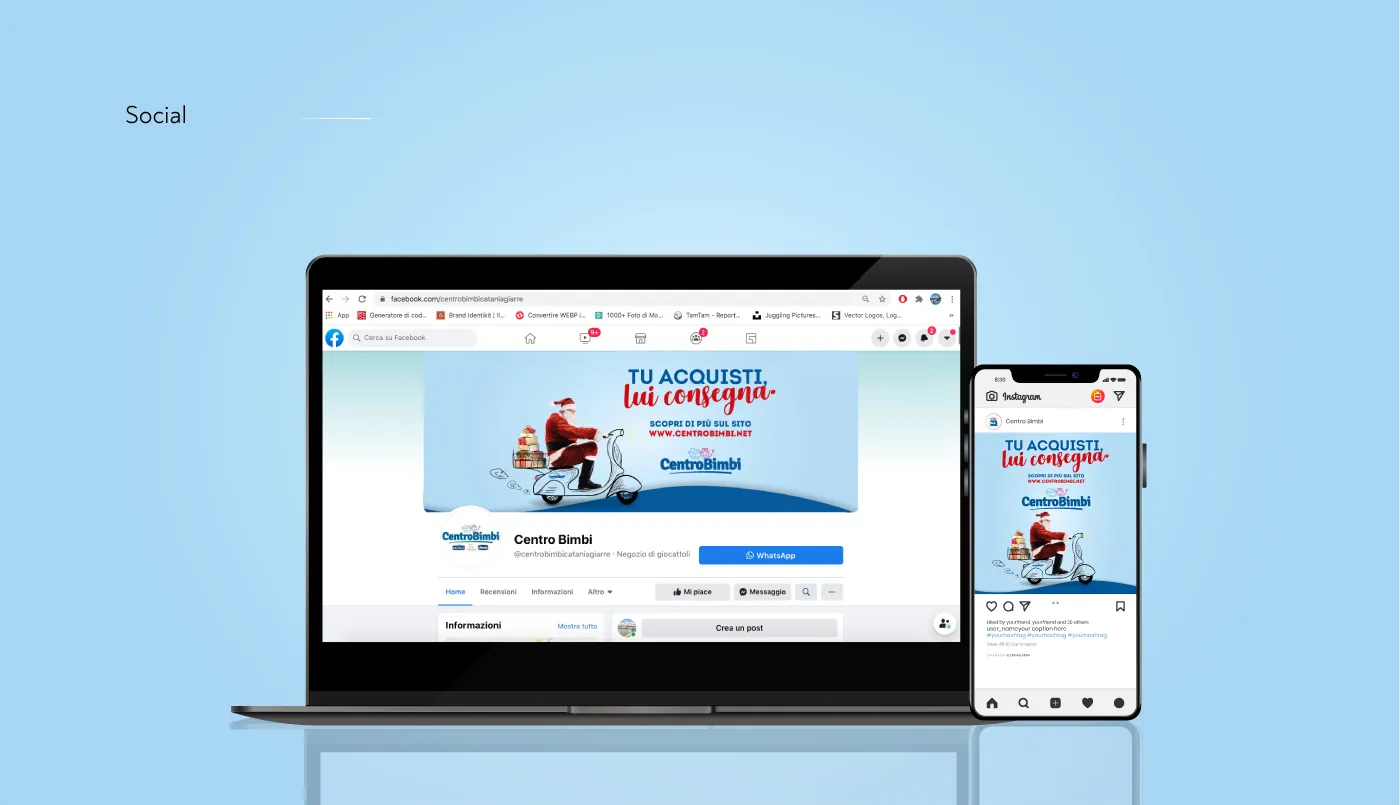 Copertina Facebook di Centro Bimbi su un portatile e post Instagram su uno smartphone