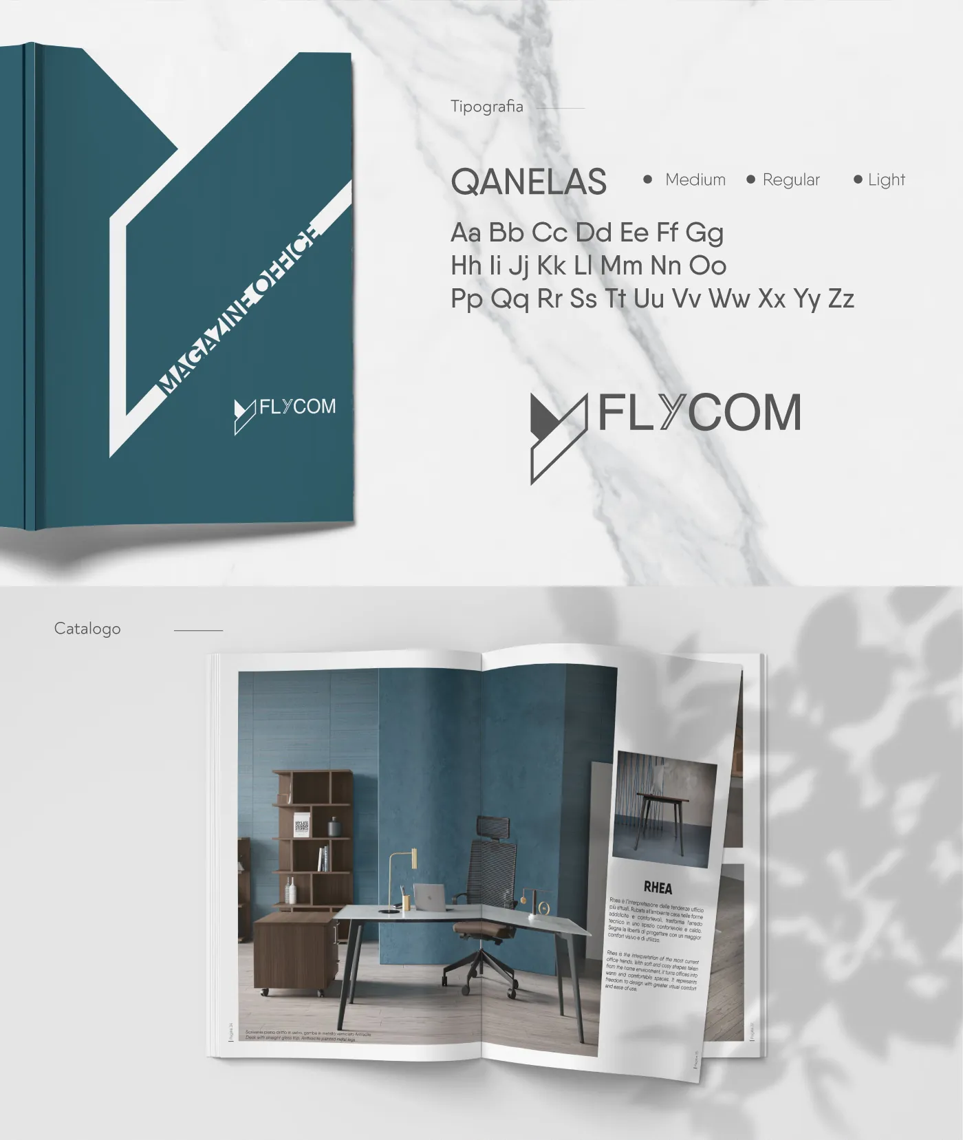 Copertina color petrolio del catalogo Magazine Office di Flycom, carattere Qanelas e doppia pagina Rhea