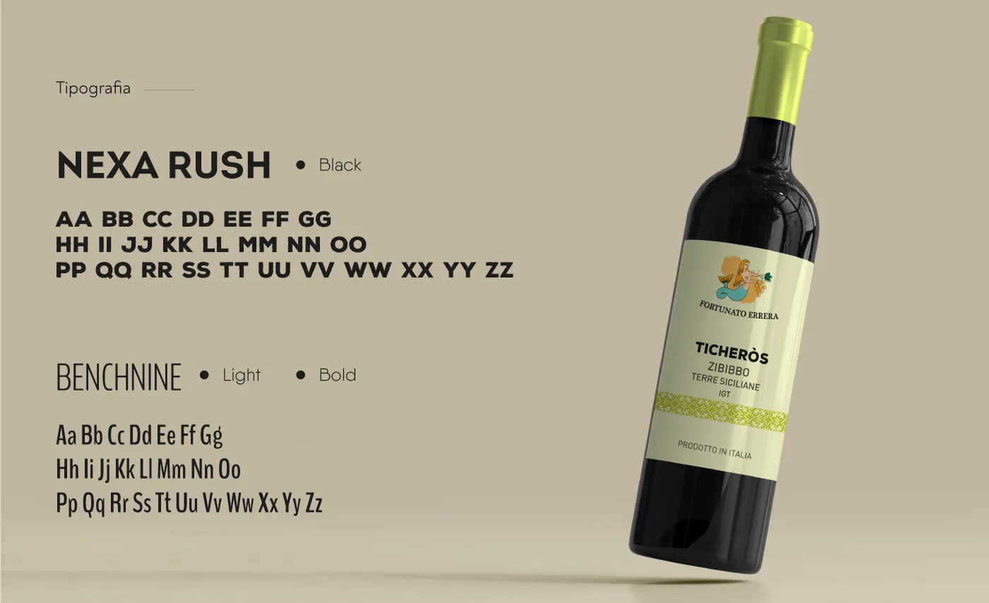 Bottiglia di vino Ticheròs, Zibibbo Terre Siciliane IGT, accanto ai caratteri Nexa Rush e BenchNine