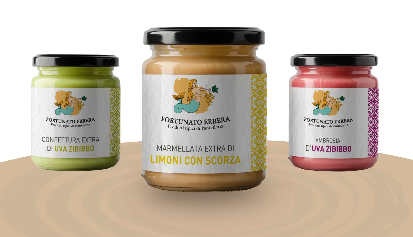 Tre vasetti Fortunato Errera: confettura di uva Zibibbo, marmellata di limoni con scorza, ambrosia d'uva Zibibbo