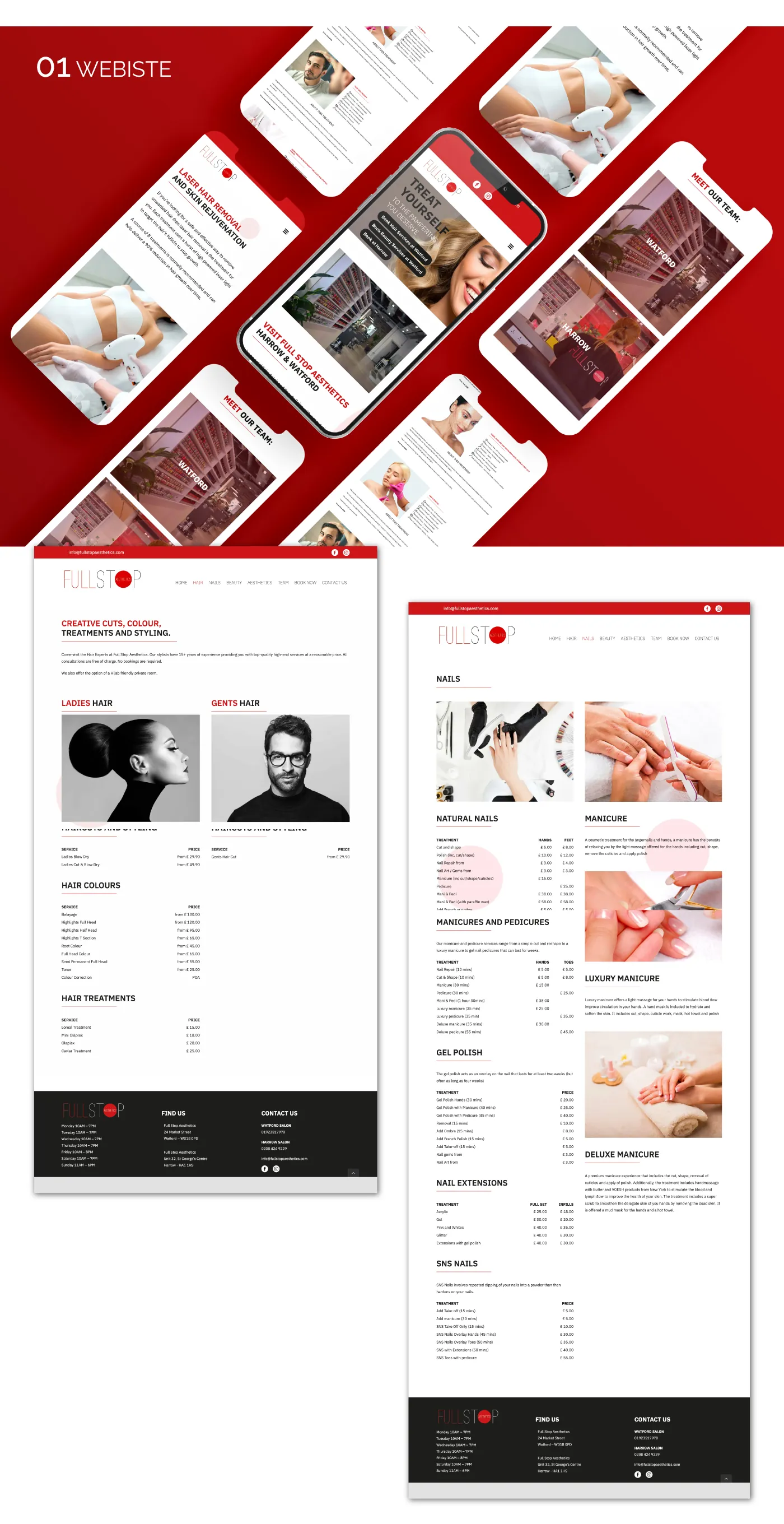 Sito Full Stop Aesthetics su schermi di smartphone, su fondo rosso, e pagine Hair e Nails