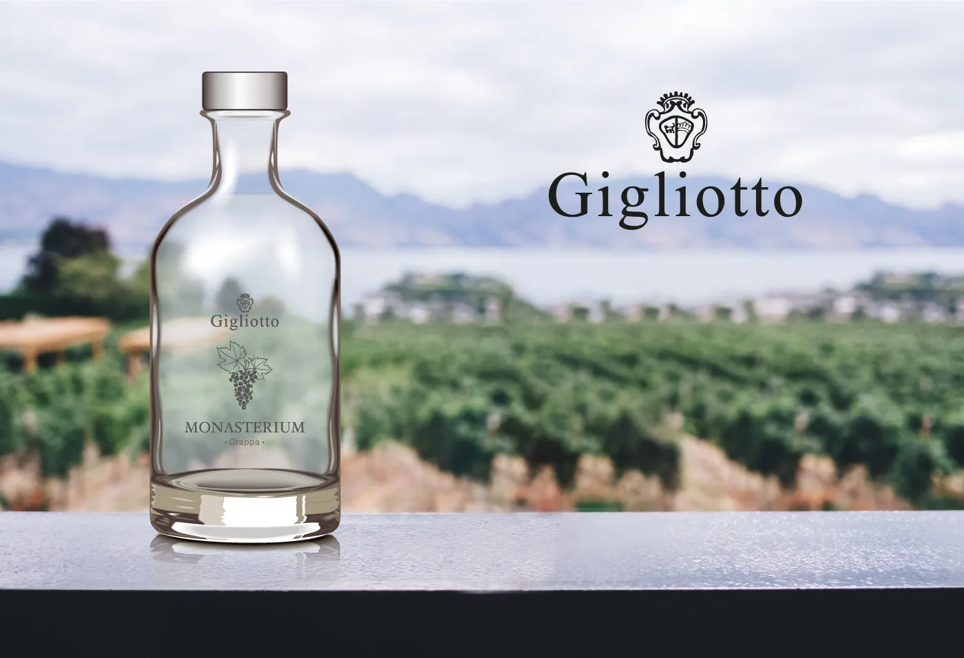 Bottiglia di grappa Monasterium con l'etichetta Gigliotto, davanti a un vigneto