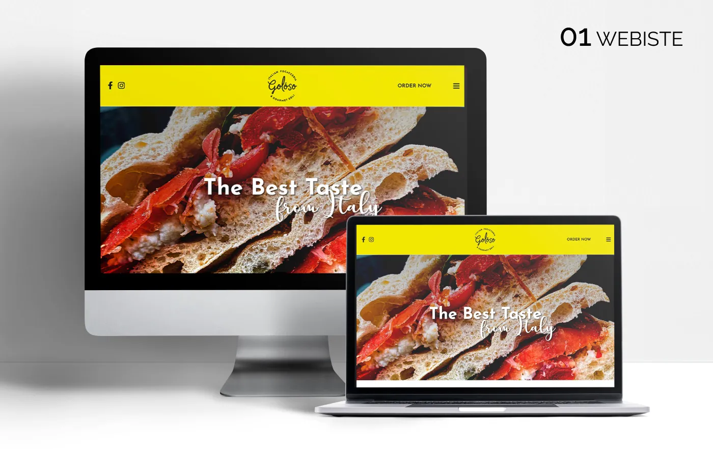 Home di Goloso su monitor e portatile: testata gialla e titolo The Best Taste from Italy