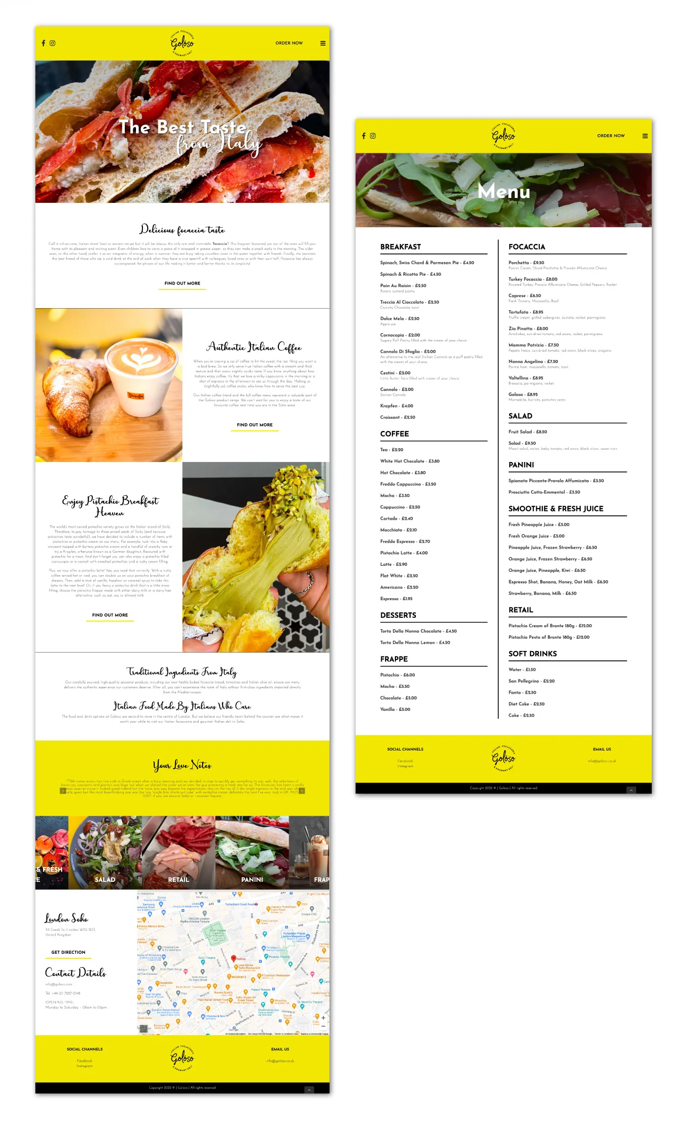 Pagine intere della home e del menu di Goloso, con testata e piede gialli