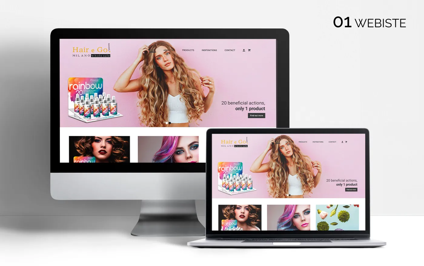 Home del sito Hair e Go Milano su monitor e portatile, con foto su fondo rosa