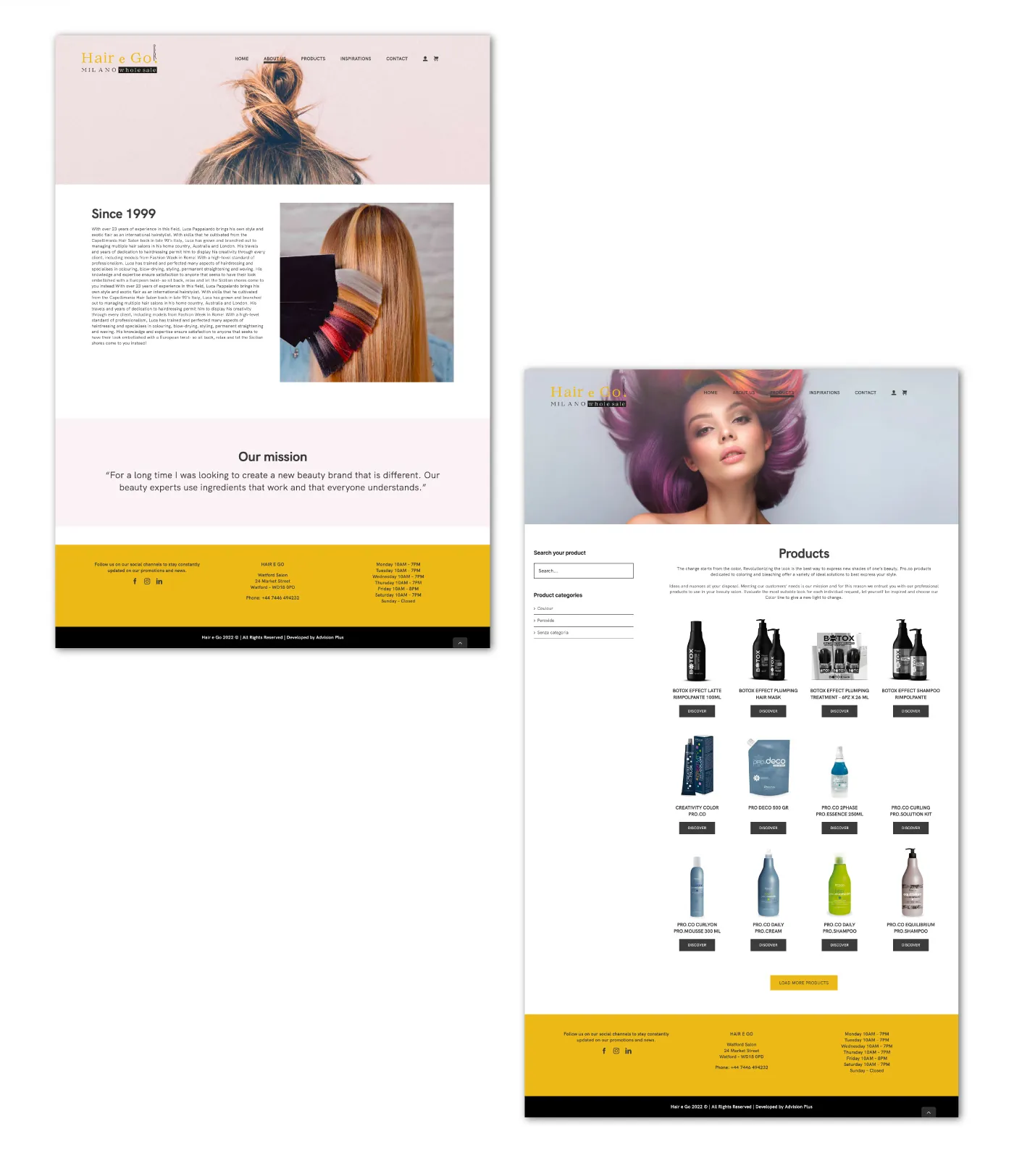 Pagine About us e Products del sito Hair e Go Milano, mostrate per intero