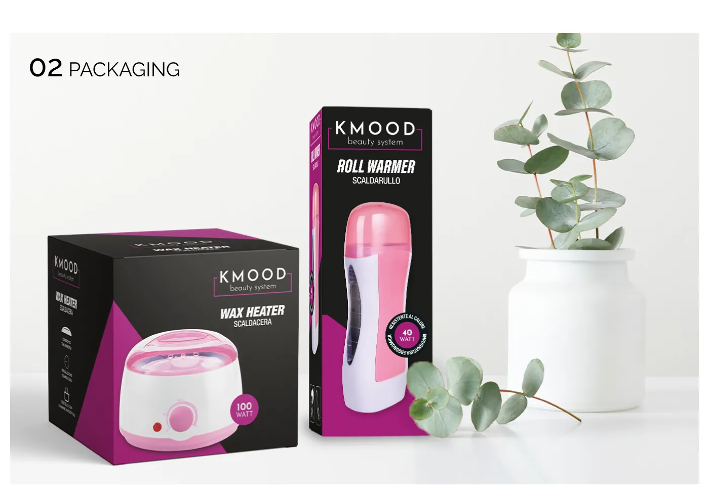 Due scatole Kmood beauty system nere e magenta: scaldacera Wax Heater e scaldarullo Roll Warmer