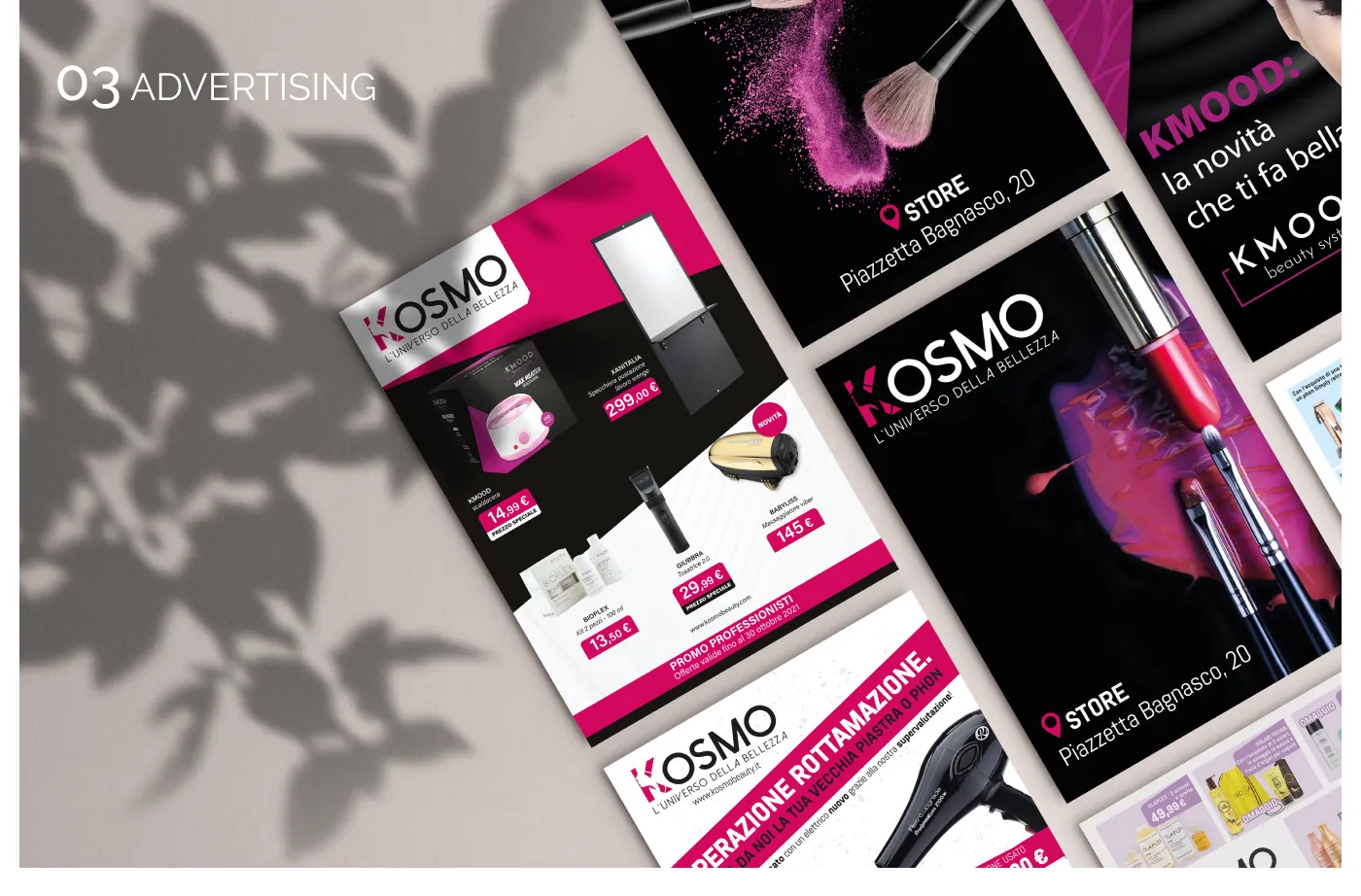 Volantini Kosmo con le offerte del negozio e grafiche pubblicitarie nere con l'indirizzo dello store