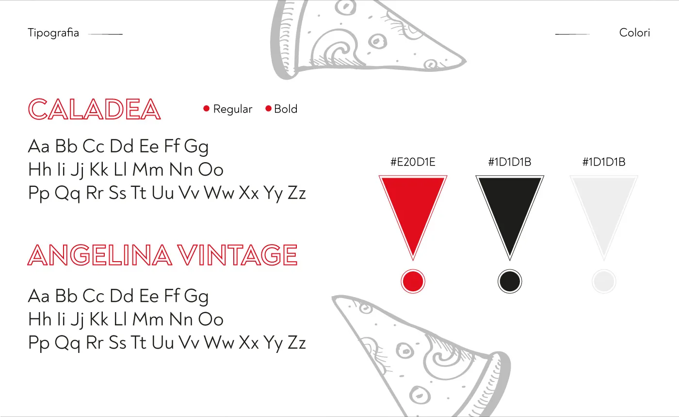 Caratteri Caladea e Angelina Vintage e tre colori: rosso, nero e grigio chiaro