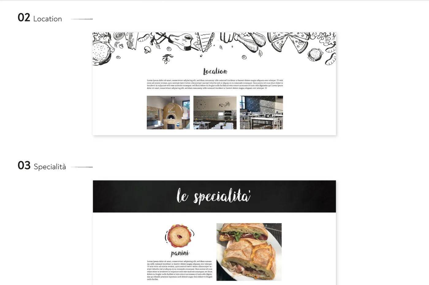 Sezione Location con tre fotografie del locale e inizio della pagina Specialità, con i panini