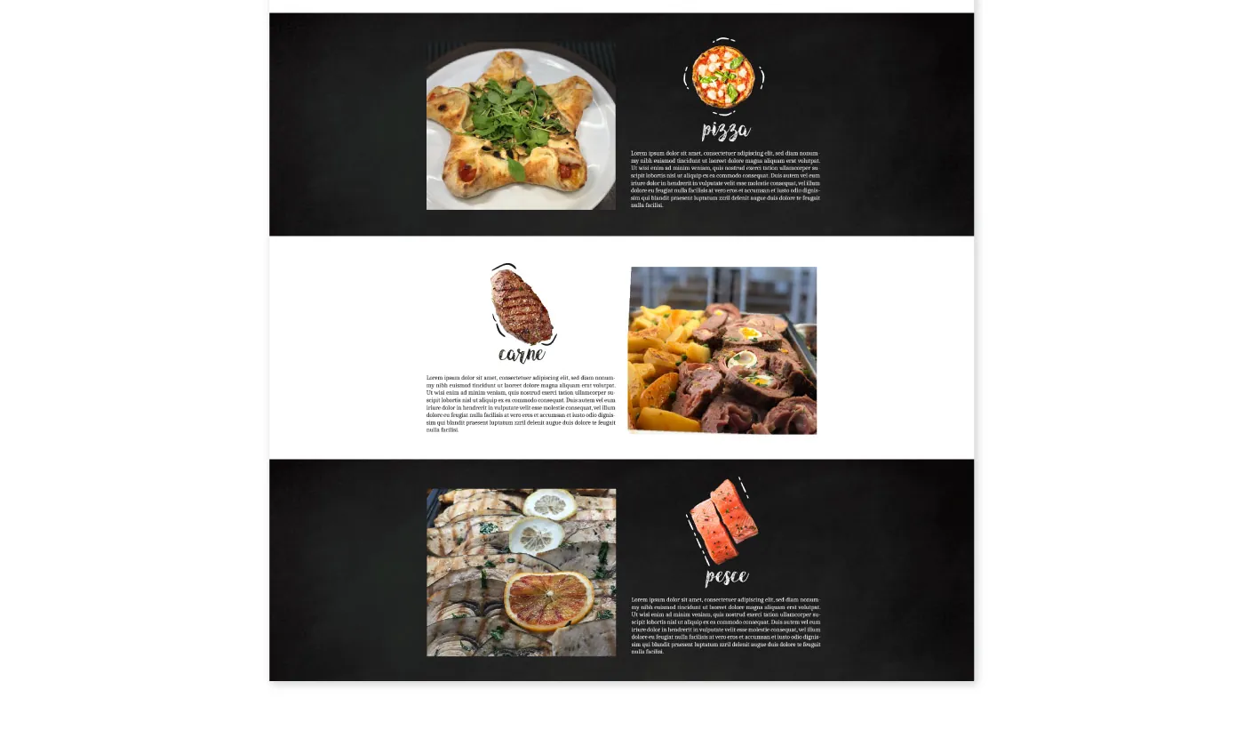 Pagina Specialità a fasce bianche e nere: pizza, carne e pesce con le loro fotografie