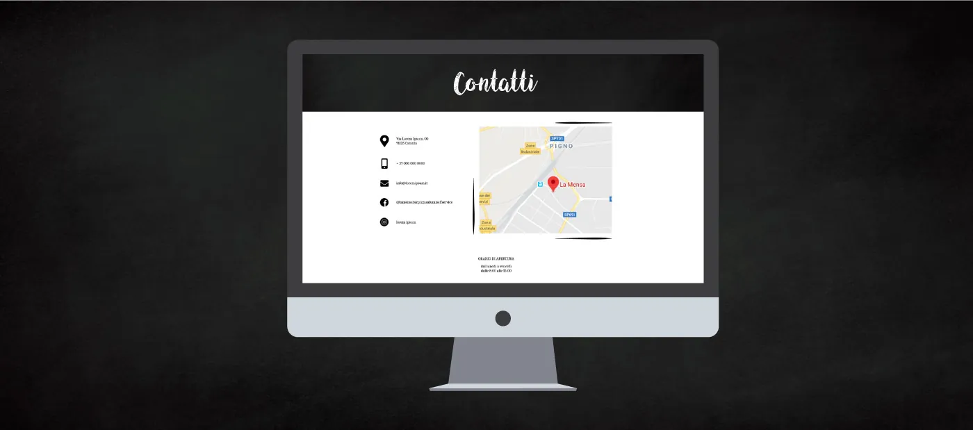 Pagina Contatti di La Mensa su un monitor: recapiti con icone, mappa e orario di apertura