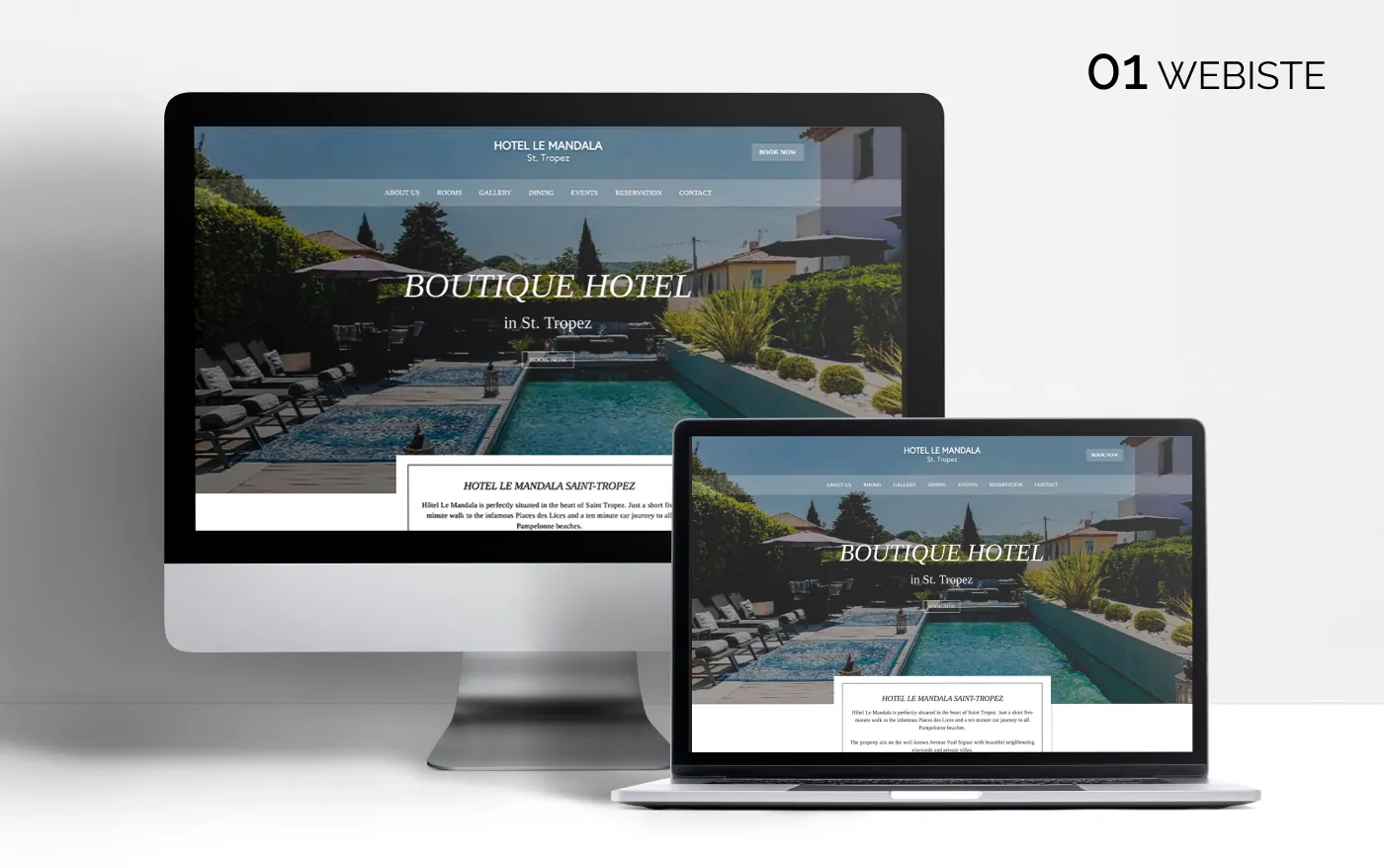 Home del sito Hotel Le Mandala su monitor e portatile, con la foto di una piscina