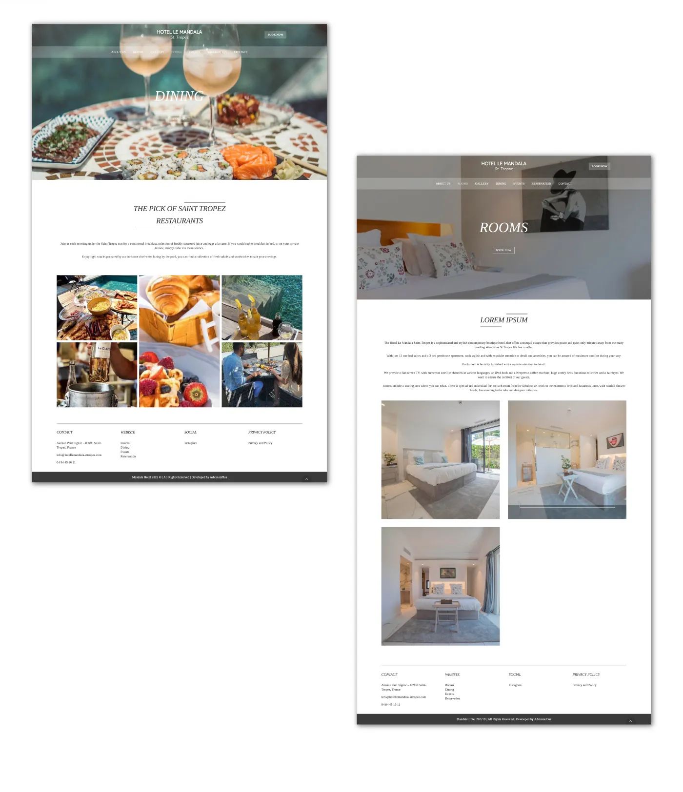 Pagine Dining e Rooms del sito Hotel Le Mandala, mostrate per intero
