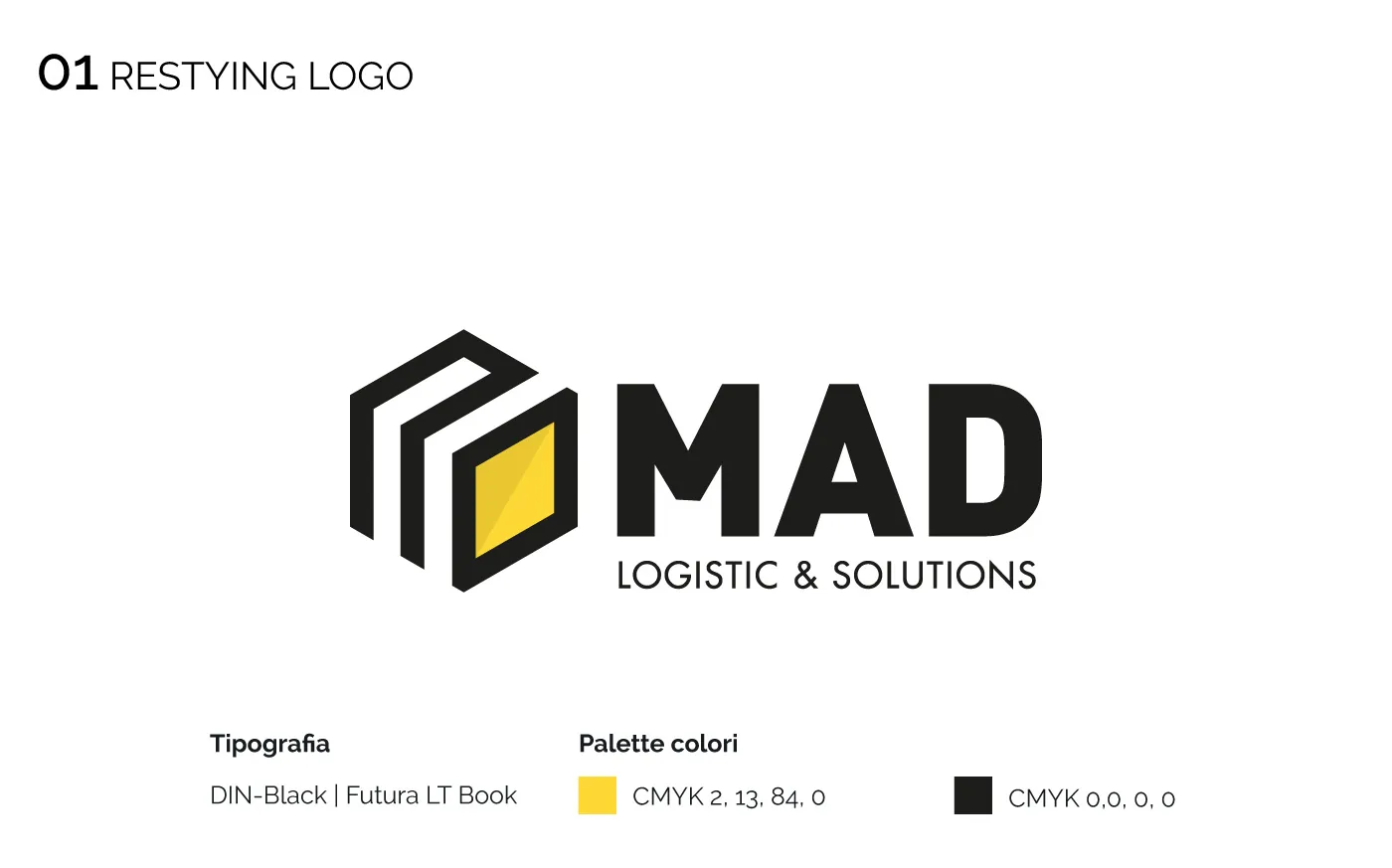 Logo MAD Logistic & Solutions con cubo nero e giallo, caratteri e palette colori