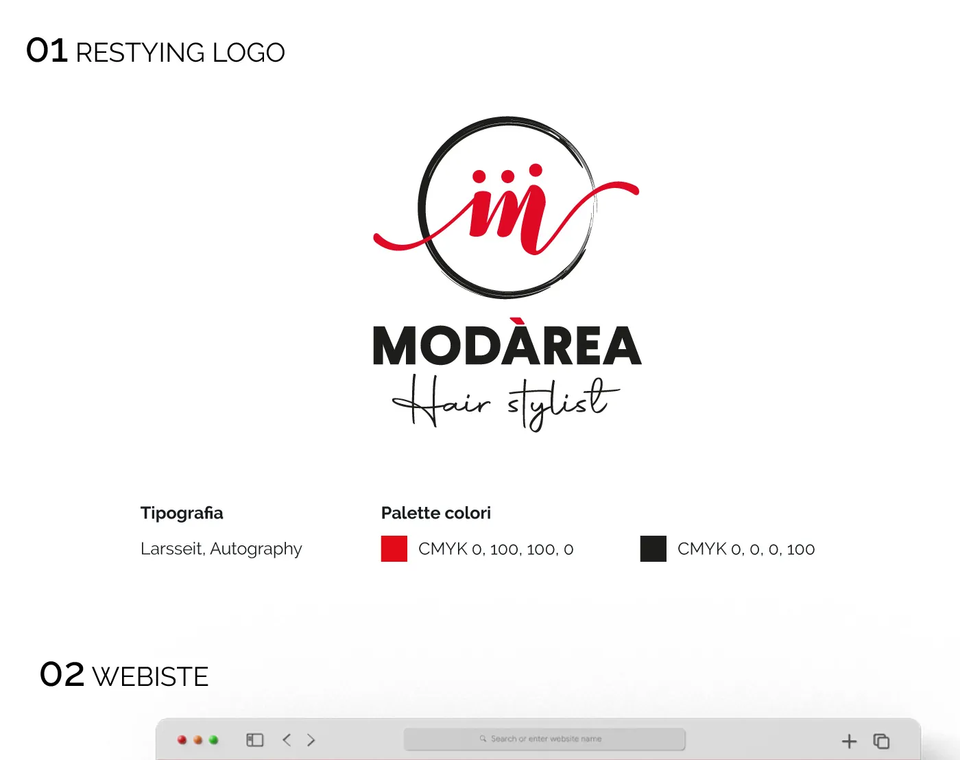 Logo Modàrea Hair stylist dopo il restyling, con i caratteri Larsseit e Autography e due colori