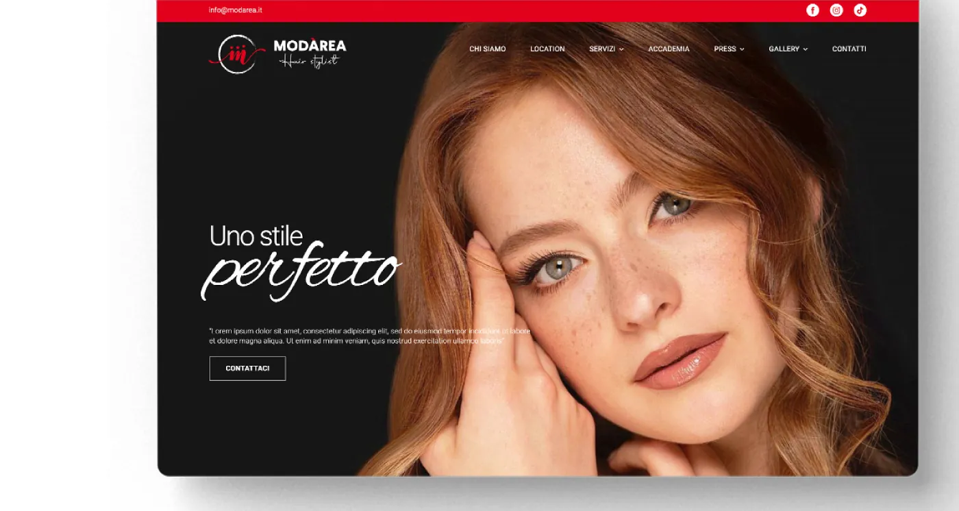 Home del sito Modarea in una finestra del browser, con il titolo Uno stile perfetto