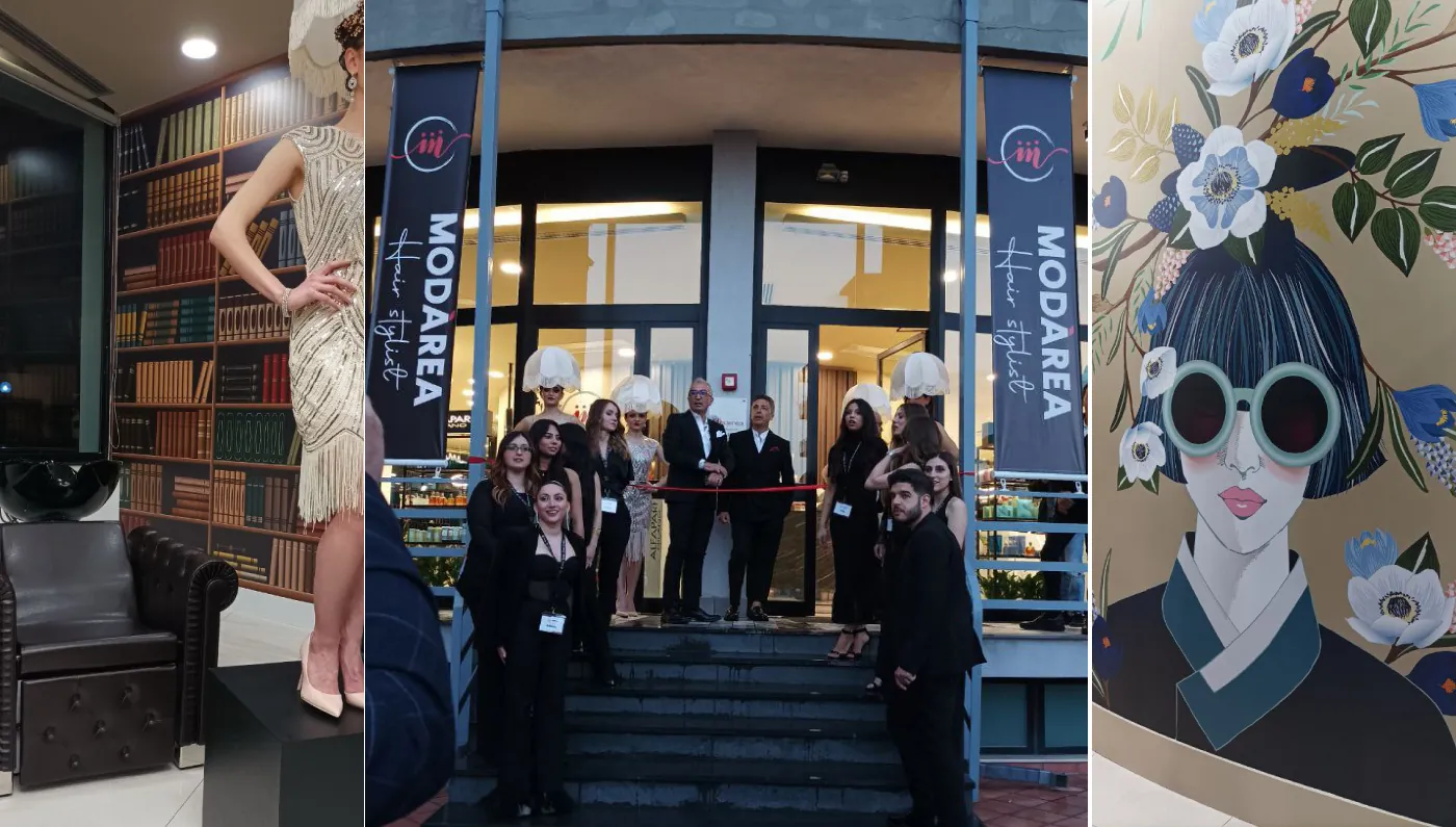 Tre foto del salone Modarea: parete decorata, ingresso con due stendardi, illustrazione a parete