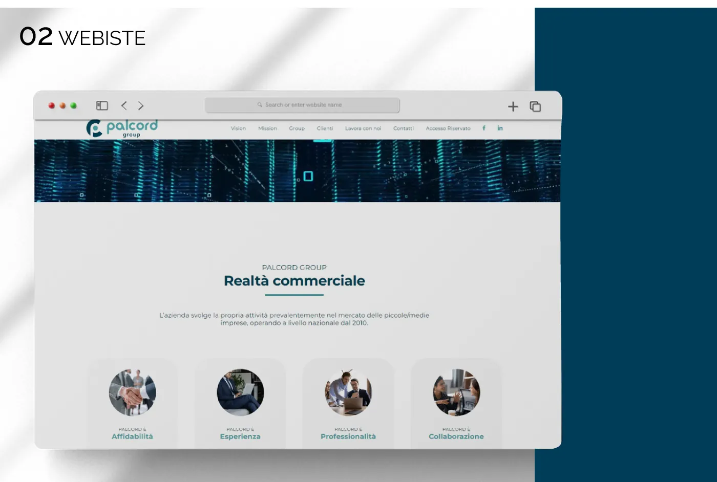 Pagina del sito Palcord Group in una finestra del browser, con menu e quattro riquadri