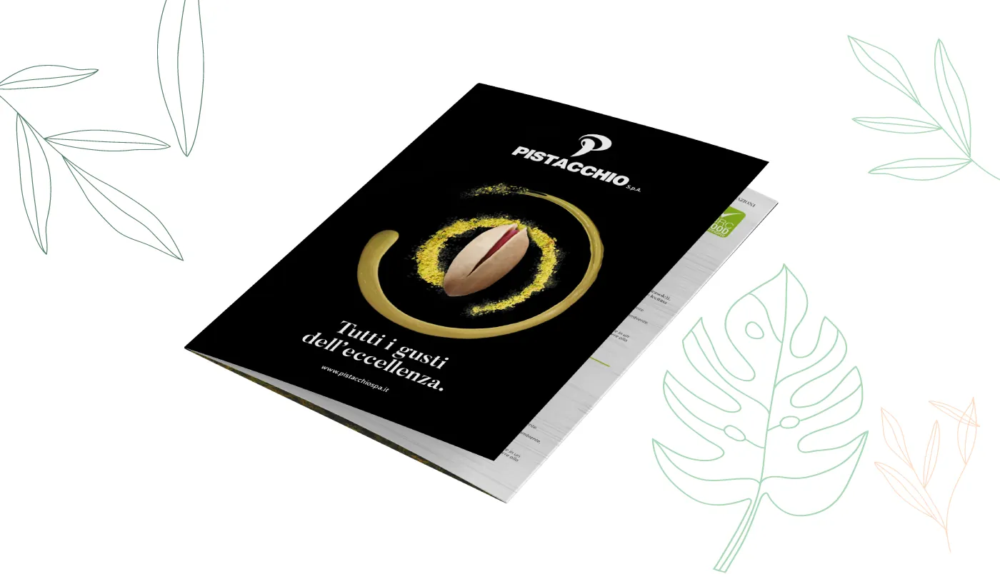 Pieghevole Pistacchio S.p.A. chiuso: copertina nera con un pistacchio e la scritta Tutti i gusti dell'eccellenza