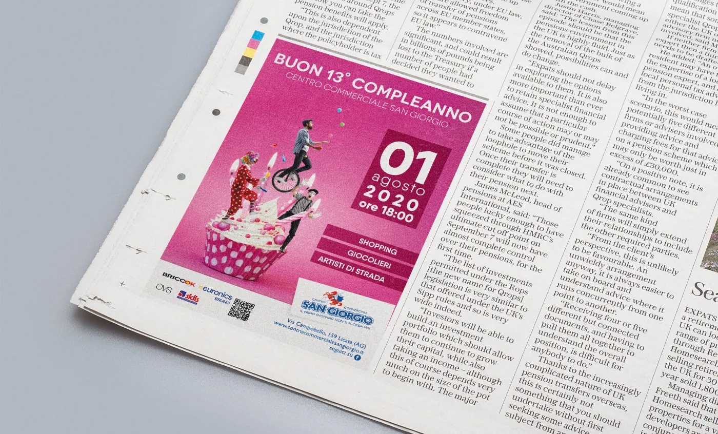 Annuncio Buon 13° compleanno del Centro Commerciale San Giorgio, in verticale, sulla pagina di un quotidiano