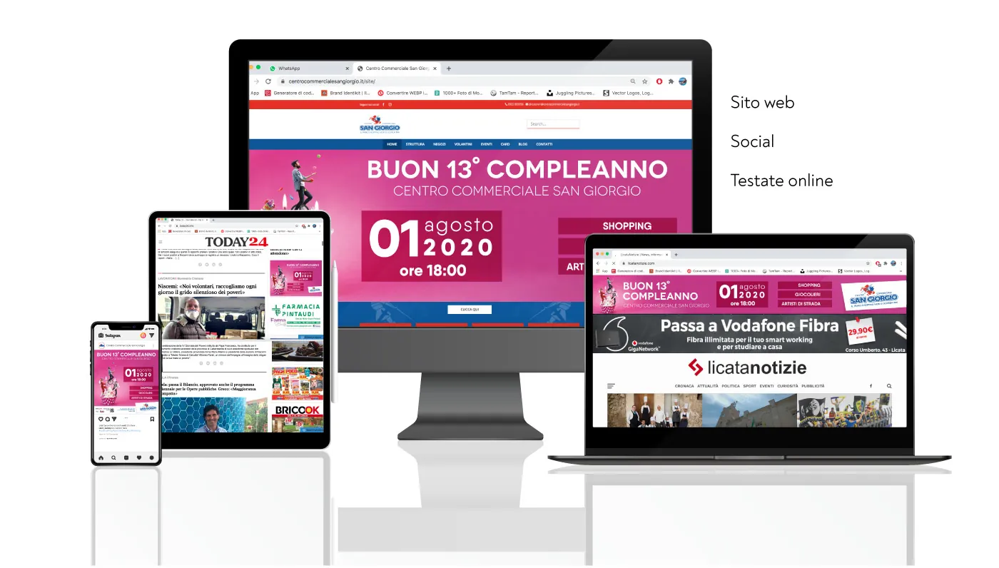 Campagna su monitor, tablet, portatile e smartphone: sito del centro, post Instagram, banner su testate online
