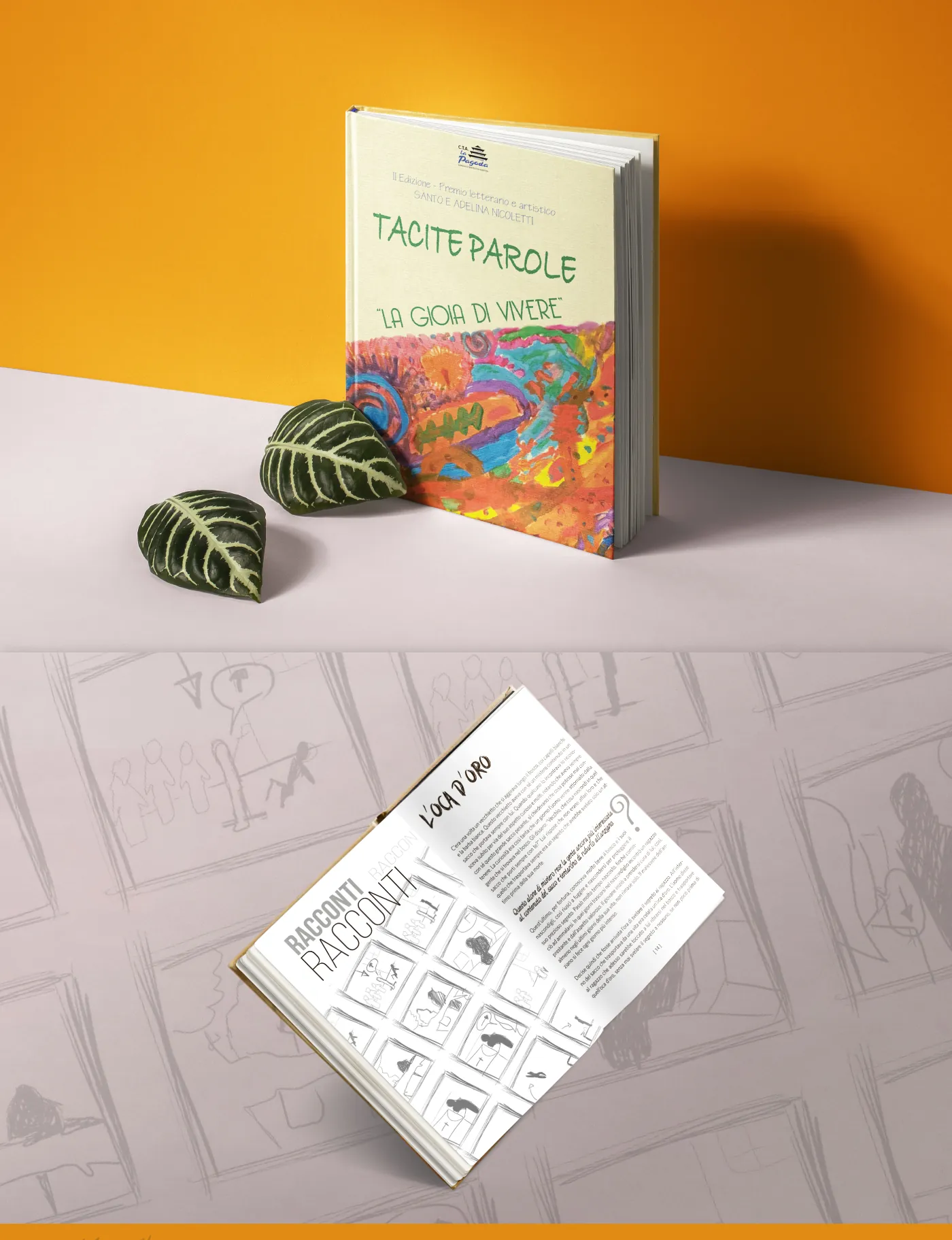 Copertina del libro Tacite Parole, La gioia di vivere, e doppia pagina interna Racconti