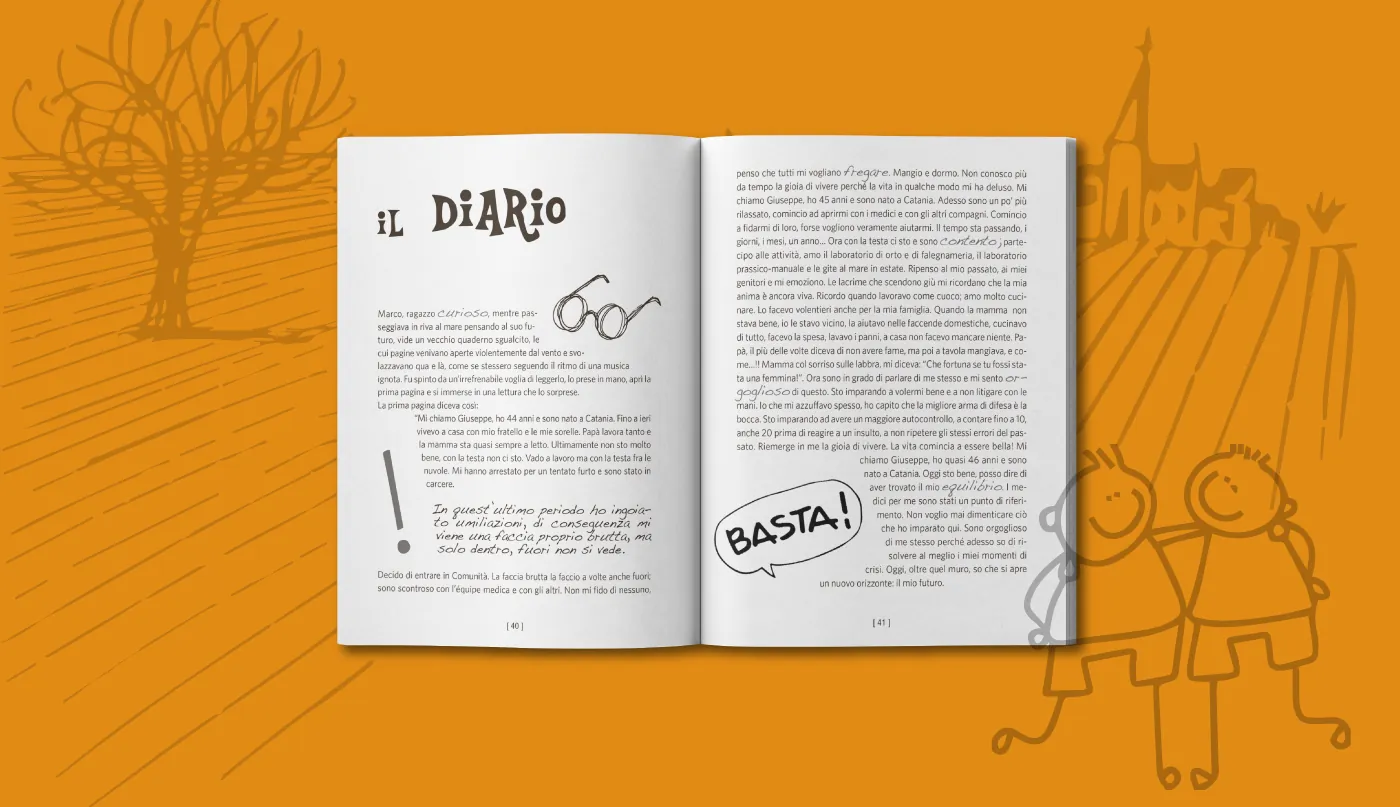 Doppia pagina del libro Tacite Parole: Il Diario, pagine 40 e 41, su fondo arancione