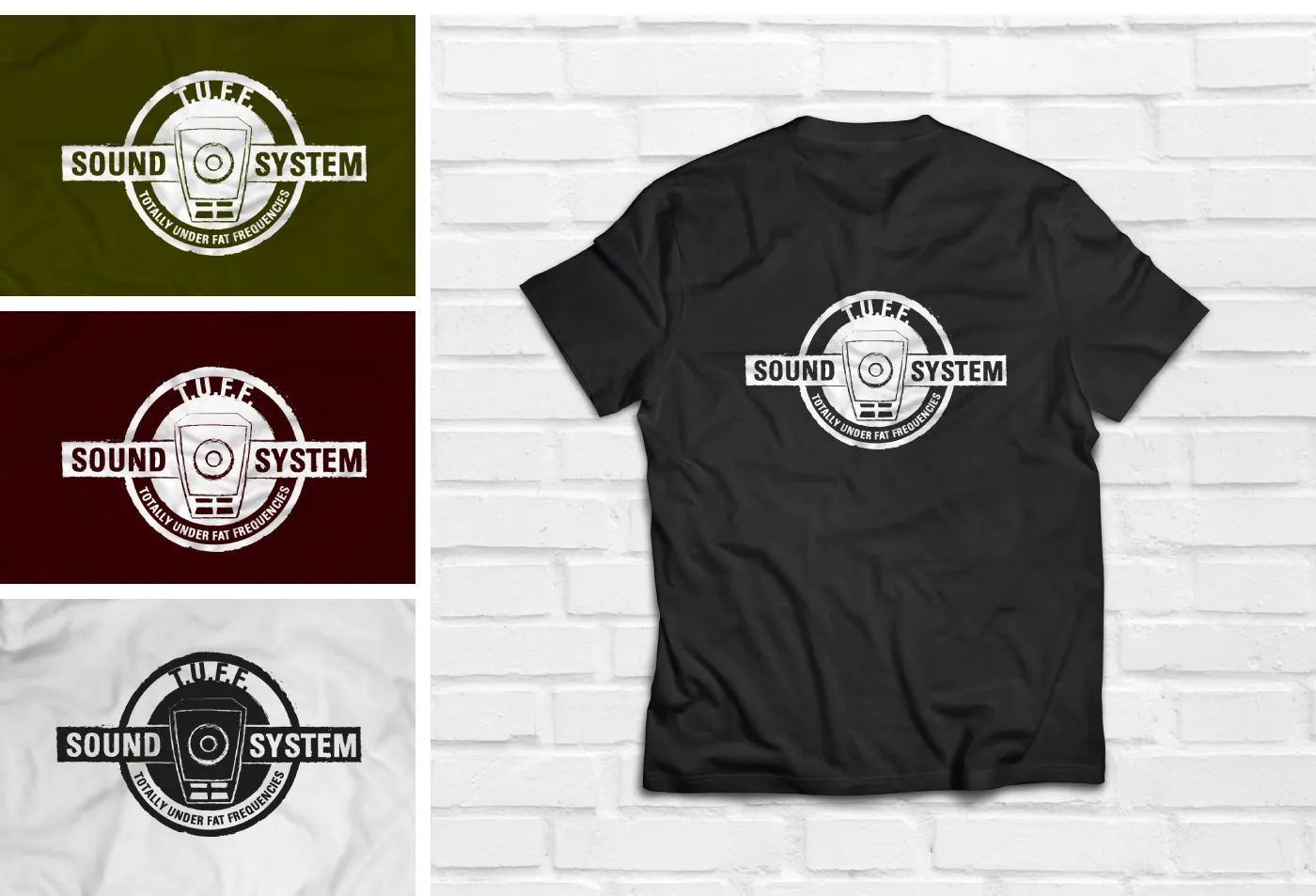 Logo T.U.F.F. in tre varianti di colore su tessuto e maglietta nera con logo bianco