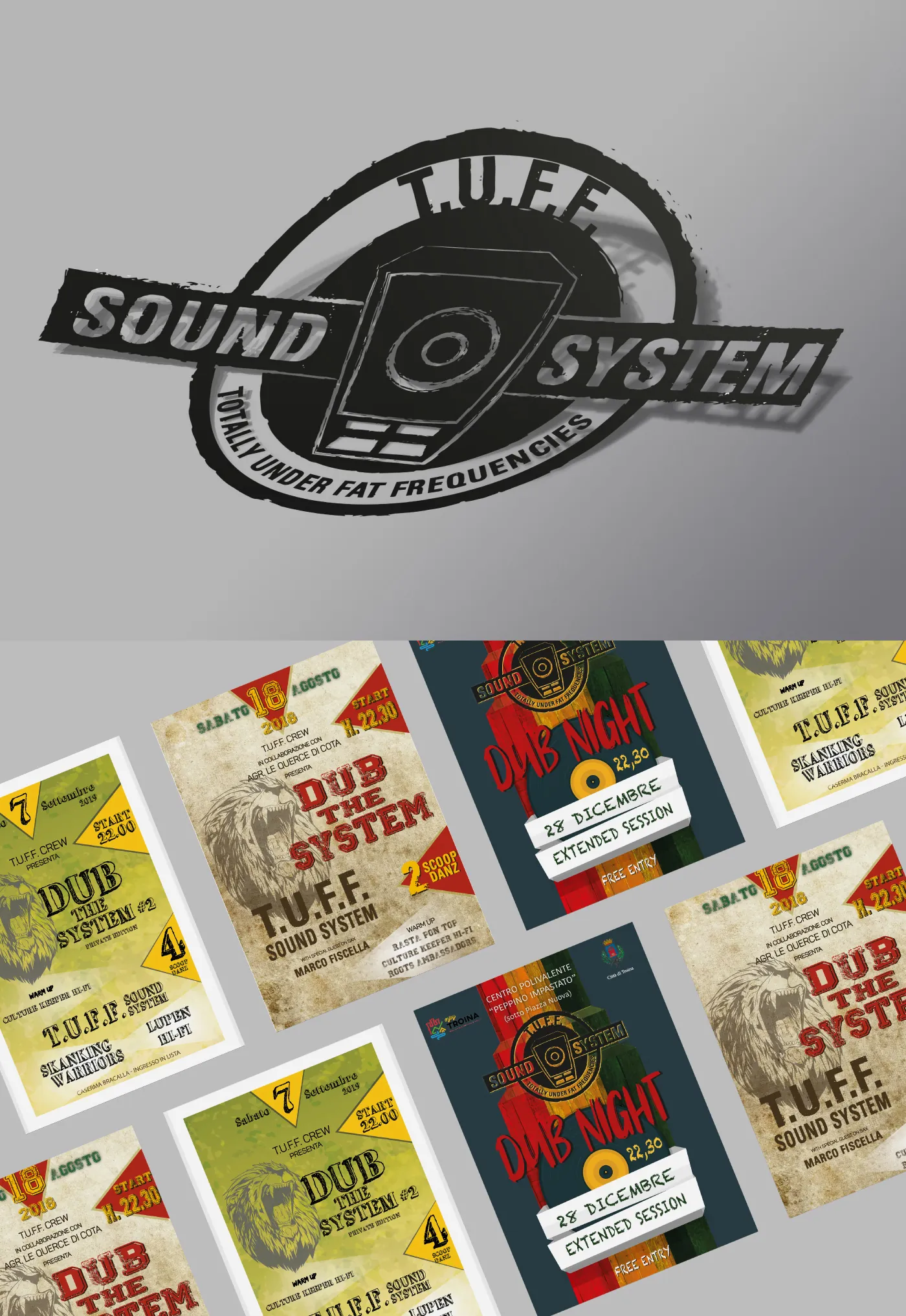 Logo T.U.F.F. in rilievo e locandine delle serate Dub the System e Dub Night