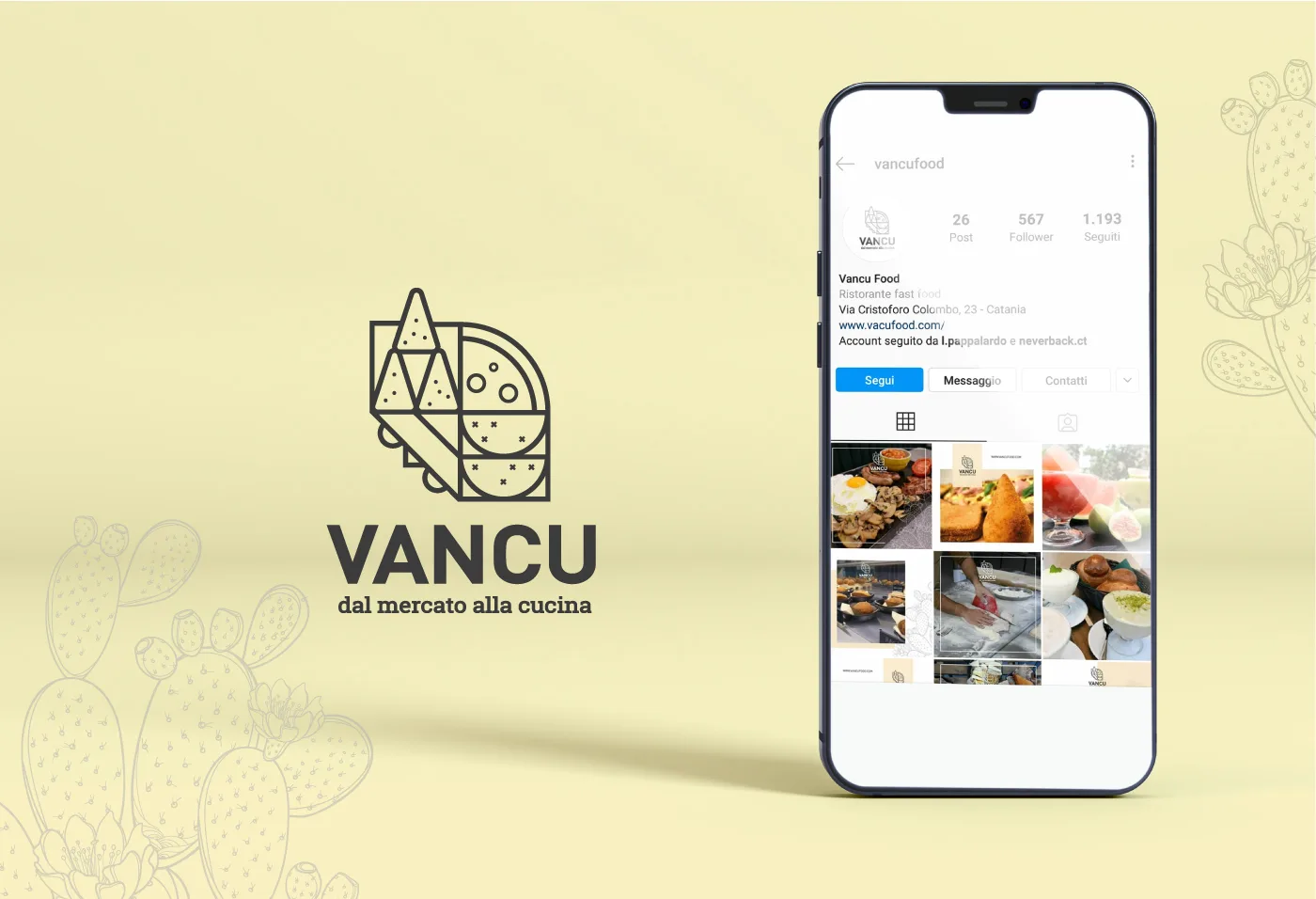 Logo Vancu, dal mercato alla cucina, e profilo Instagram del locale su smartphone