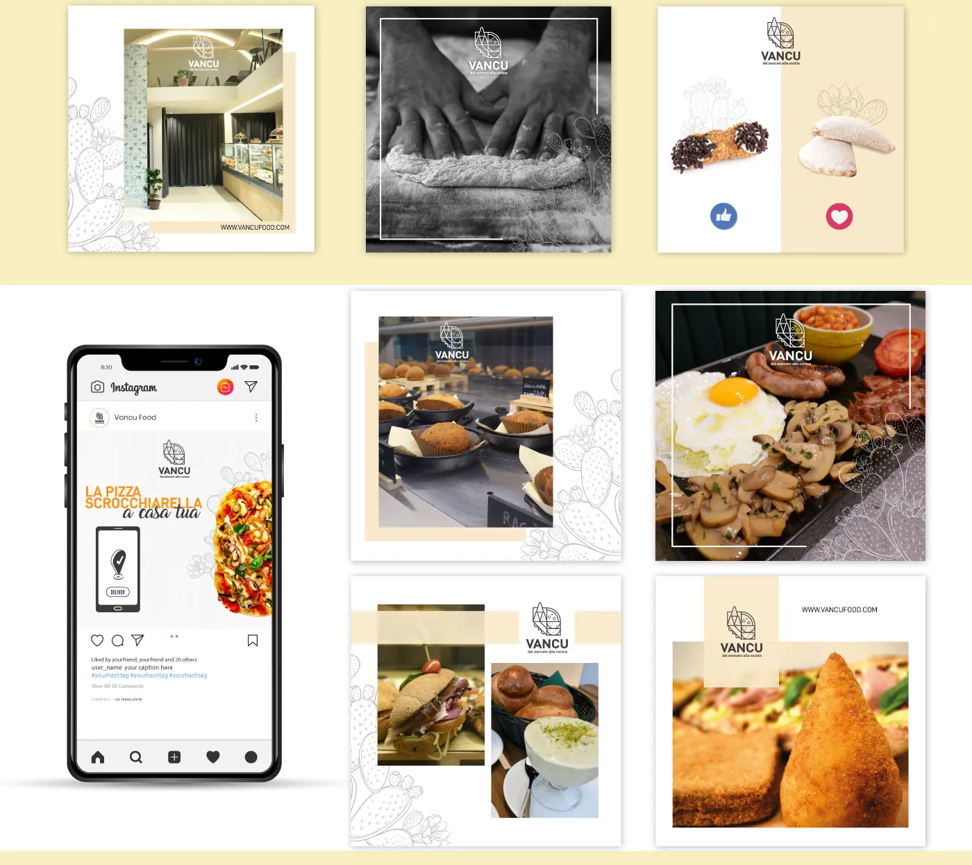 Post Vancu con foto dei piatti e del locale e smartphone con un post Instagram